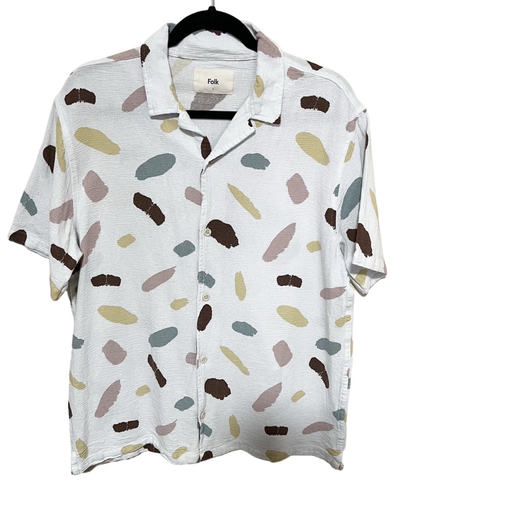 Folk Men’s Shirt Large Short Sleeve Button Up Camp Multi Color Dots Cotton